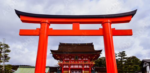 Canvas Print Torii gate, a traditional Japanese gate, serves as entrance to Shinto shrine in
