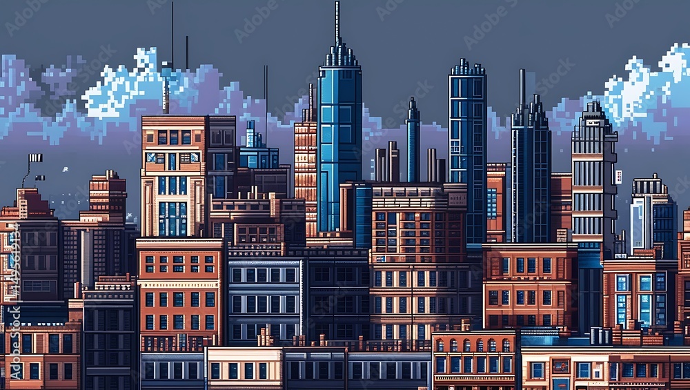 Fototapeta premium Pixelated Urban Sprawl: A Nostalgic View of a Retro Cityscape