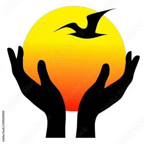 Beautiful concept of a sun held in two hands. A bright sun in the grasp of caring hands