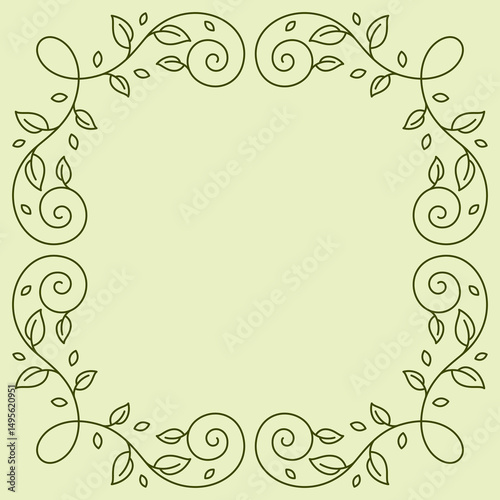 Floral curling frame. Decorative nature swirling background with leaves.