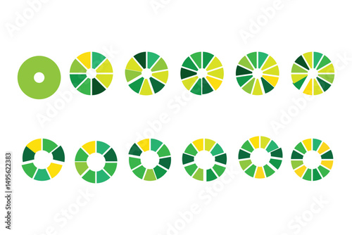 Pie chart set. Circle section graph. Pie chart divided 1,2,3,4,5,6,7,8,9,10,11,12 equal parts