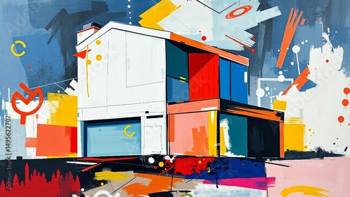 Zeitgenössisches, abstraktes Gemälde eines Hauses mit geometrischen Formen und lebendigen Farben. Urbaner, moderner Kunststil. photo
