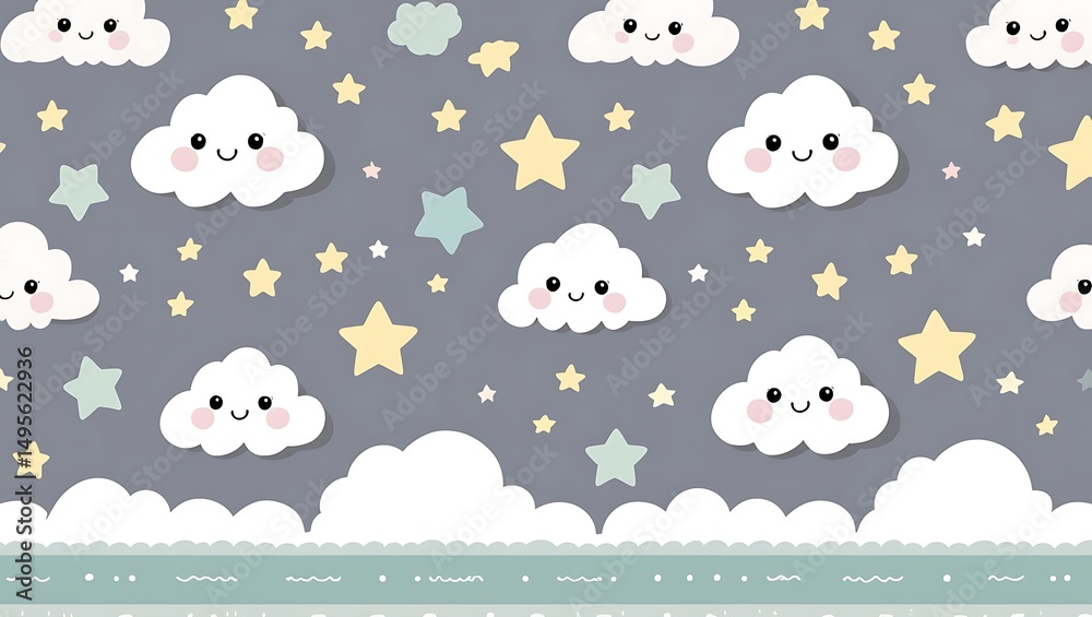 Fototapeta premium Delightful Dreamscape Seamless Pattern with Smiling Clouds and Stars Illustration