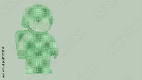Halftone dot pattern of A cartoon soldier wearing a uniform and helmet
