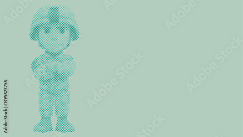Halftone dot pattern of A cartoon soldier wearing a uniform and helmet