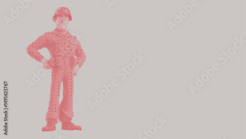 Halftone dot pattern of A cartoon soldier wearing a uniform and helmet