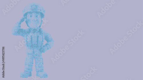 Halftone dot pattern of A cartoon soldier wearing a uniform and helmet