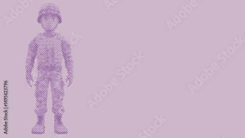 Halftone dot pattern of A cartoon soldier wearing a uniform and helmet