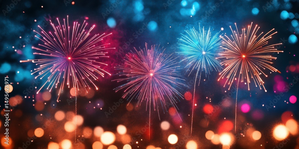 Naklejka premium Colorful fireworks display lights up the night sky during a festive celebration in a vibrant city setting