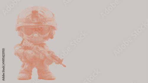 Halftone dot pattern of A cartoon soldier wearing a uniform and helmet
