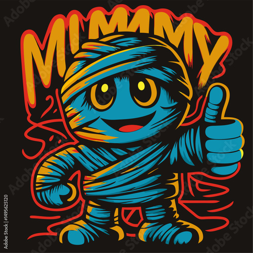 Adorable mummy cartoon character giving thumbs up halloween design