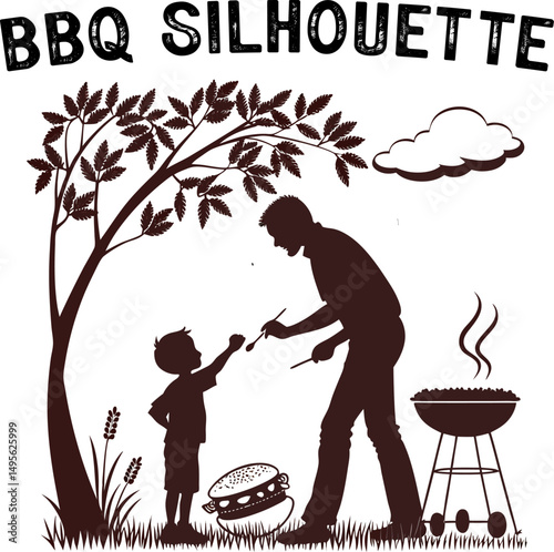 Outdoor Barbecue Scenes in Black & White. Family Cookout Black Vector Set.