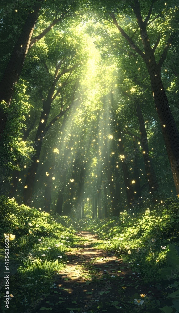 Obraz premium Sunlit forest path, magical ambiance, nature scene, fantasy background, ideal for screensavers