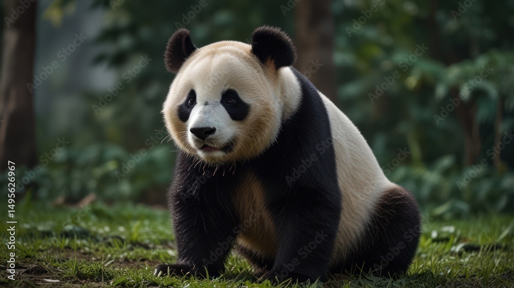 Fototapeta premium Panda sitting in grassy area, serene forest background