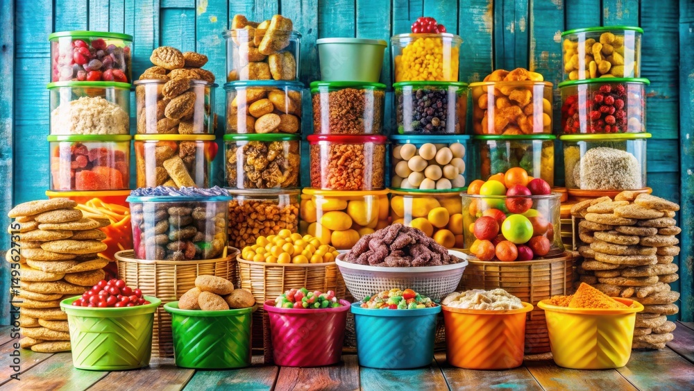 Fototapeta premium A vibrant collection of assorted sweets and baked goods in colorful containers arranged on a rustic wooden surface