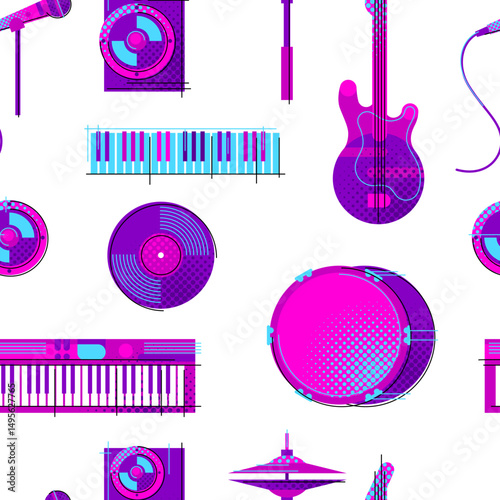 Pattern with musical items. Music party or rock concert background. Image for design.