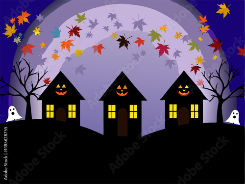 Three halloween houses under autumn moonlit sky