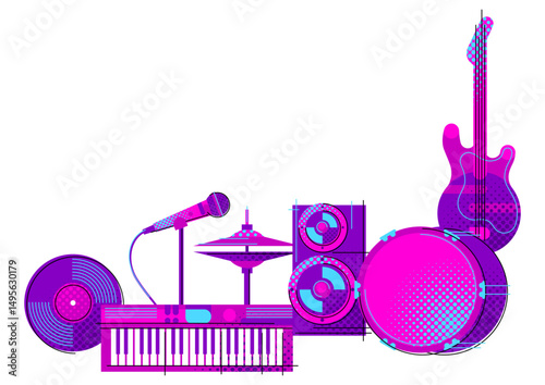 Background with musical items. Music party or rock concert illustration.
