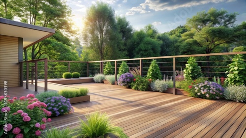 Wallpaper Mural Serene Outdoor Deck Design with Lush Greenery and Blooming Flowers Torontodigital.ca
