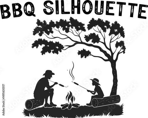 Outdoor Barbecue Scenes in Black & White. Family Cookout Black Vector Set.
