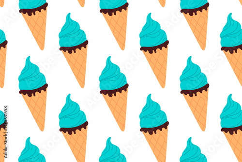 Seamless pattern of blue ice cream cones with swirls on white background, ideal for cool dessert visuals or playful summer designs