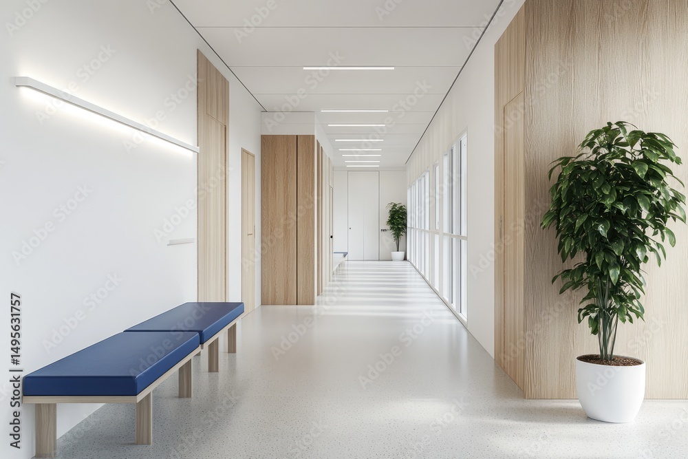 Obraz premium Modern hallway with light-colored walls and wooden accents. Two light-blue benches line one side, and a potted plant is near the far wall. Natural light streams through large windows