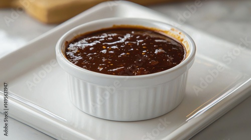 Rich, glossy, dark brown sauce in white ramekin on plate