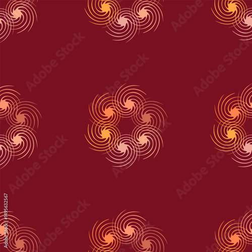 Seamless pattern with dynamic swirling turbine shapes red, orange, and yellow tones deep red background, creating vibrant and energetic design