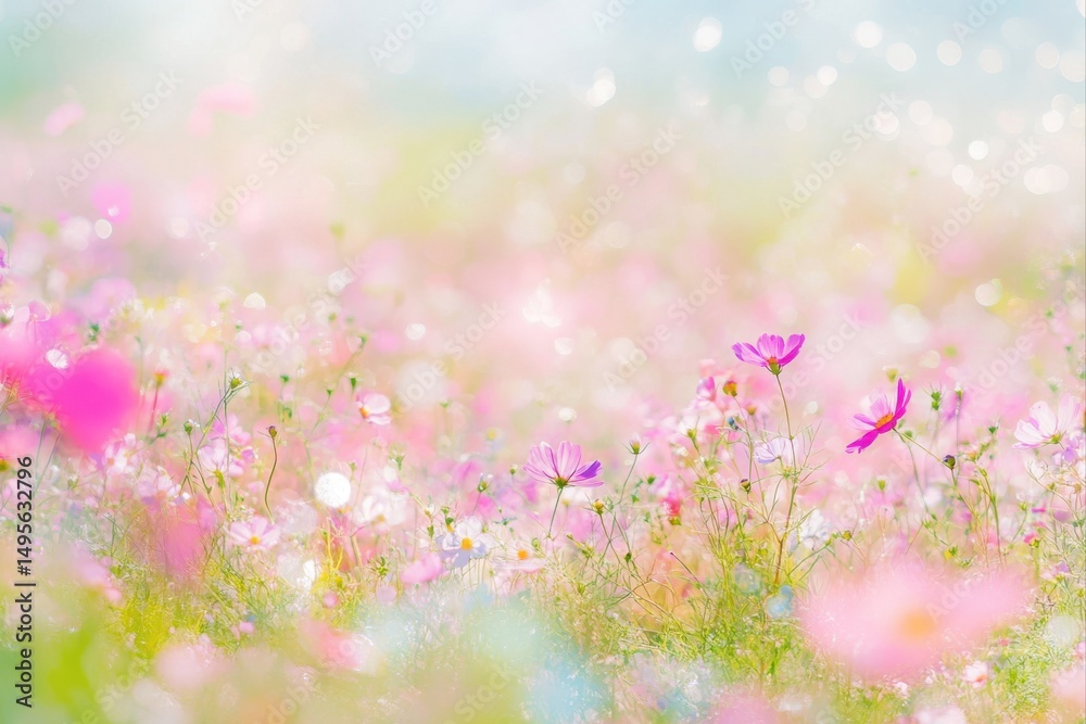 Fototapeta premium Field of pink cosmos flowers with bokeh lights for spring themes, backgrounds, and wallpapers.