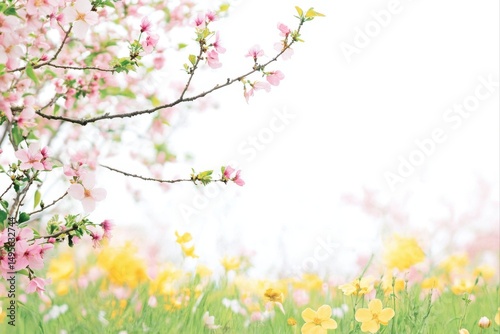 Floral meadow with blossom branches, spring landscape for wallpaper and seasonal designs.