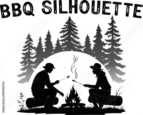Outdoor Barbecue Scenes in Black & White. Family Cookout Black Vector Set.