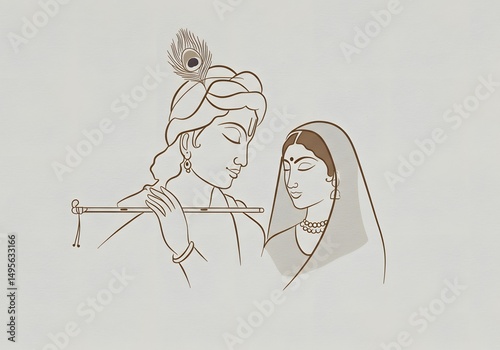 Elegant Line Art Illustration of Radha and Krishna A Romantic Depiction of Divine Love in Indian Mythology