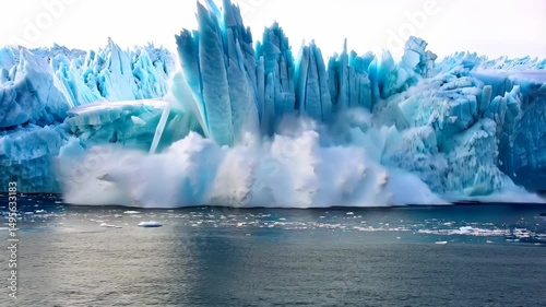 Iceberg calving event, chunks of ice breaking and falling into the ocean waters, glaciers melting, global warming impact, beautiful icy landscapes