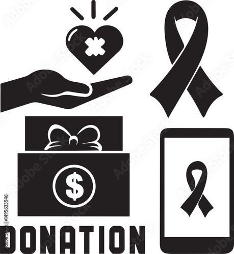 Leukemia Charity Icons with Donation Box Heart and App Interface