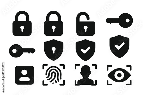 Symbols representing security, privacy, and user authentication in modern technology settings with various lock and key designs