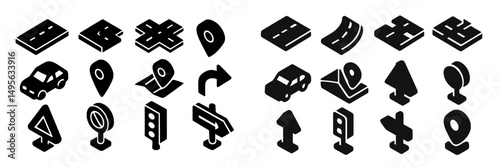 Highway and road sign icons in black design for navigation and travel applications