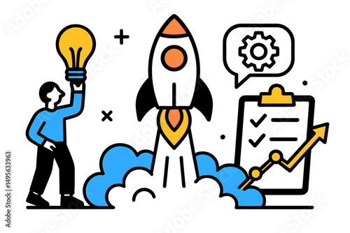 Innovative ideas lead to successful rocket launch with planning and teamwork in a creative workspace
