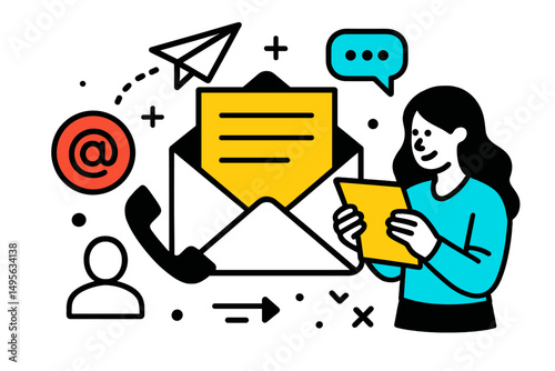 Creative digital illustration of a woman interacting with email and messaging elements in a modern communication setting