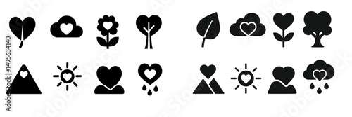 Heart-themed icons featuring various designs of nature elements along with heart shapes set against a simple background