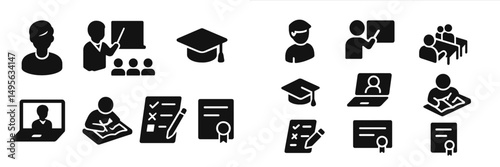 Illustration of education symbols including teaching, learning, and graduation activities