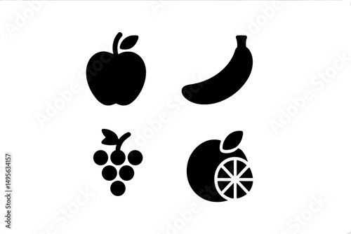 Colorful fruits including an apple, banana, grapes, and orange on a white background displayed in a minimalist style