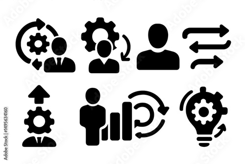 Business icons illustrating teamwork, user interaction, progress, and innovation concepts in a modern design