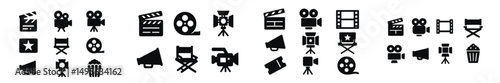 Collection of black and white film icons depicting various elements of cinema including cameras and projectors