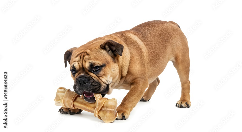Obraz premium Adorable Bulldog Puppy Chewing on a Bone Toy - Studio Shot