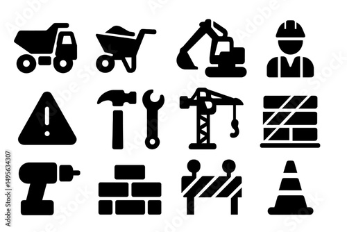 Construction icons representing various activities, tools, and safety signs for building projects and work sites