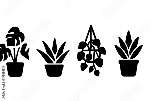 Silhouettes of various plants in pots arranged in a clean and minimalistic layout on a white background