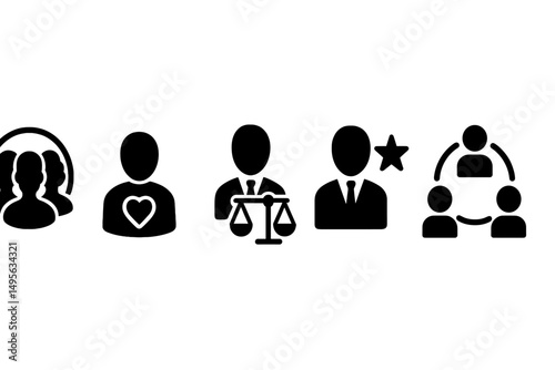 Icons representing various professions and roles within society, depicting community, compassion, law, authority, and collaboration