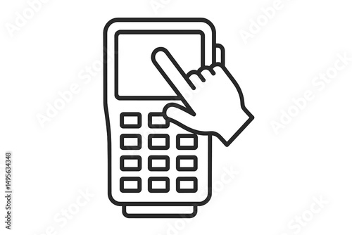 Hand interacting with touchscreen device in a modern setting during daytime