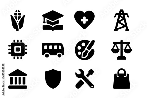 Collection of icons representing various fields and activities in a simple black and white design