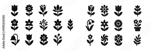 Floral silhouette designs in varying shapes and sizes representing different flower species and garden elements